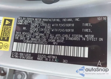 2016 Toyota Highlander Xle V6 из США, поврежденный, VIN 5TDKKRFHXGS506222